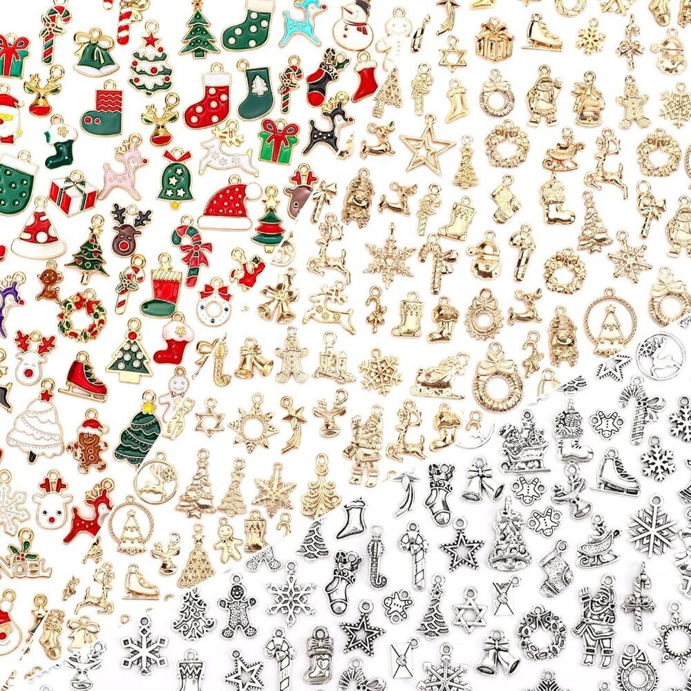 350Pcs Christmas Charms, Xmas Enamel Charms Mixed Bulk Antique Gold Tibetan Silv